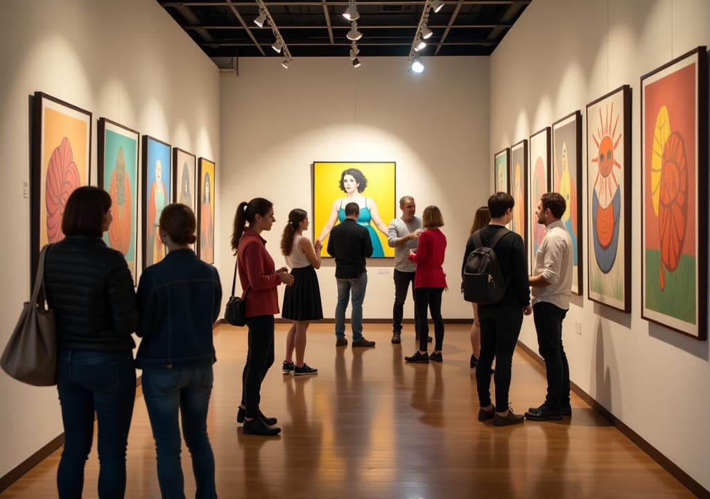  a lively scene inside an art gallery in toronto, showcasing visitors engaging with various artworks, artists discussing their pieces with attendees, and a community event with families participating in art making workshops, all set against a backdrop of creativity and connection. hyperrealistic, full body, detailed clothing, highly detailed, cinematic lighting, stunningly beautiful, intricate, sharp focus, f/1. 8, 85mm, (centered image composition), (professionally color graded), ((bright soft diffused light)), volumetric fog, trending on instagram, trending on tumblr, HDR 4K, 8K