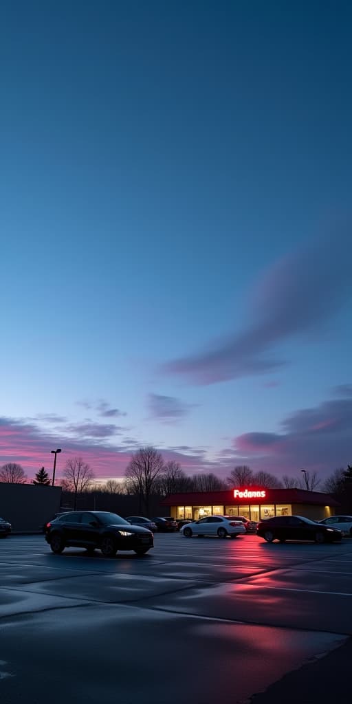  a serene dusk photograph of a parking lot, showcasing a few cars scattered across the empty space, their reflections dancing on the polished surfaces. the sky above is a captivating blend of deep blue, transitioning to lighter hues, with soft pink and white clouds floating gently. the buildings in the background are lit with warm, inviting illumination, their signs casting a soft glow into the calming evening atmosphere. the muted and balanced colors create a sense of tranquility and quietude, reflecting the beauty of a peaceful nightfall