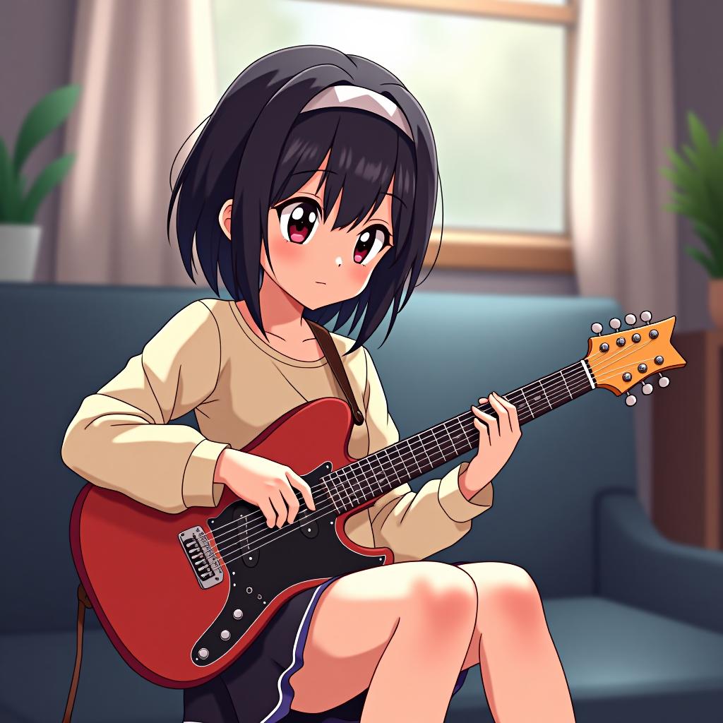  anime, anime sytle, anime image, cartoon, real cartoon, real anime, playing guitar