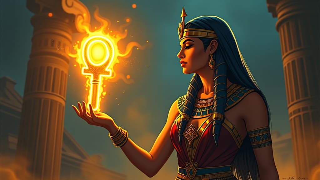  a comic book style draw of an ancient goddess offering a glowing ankh to a person, sense of audacity and reward, atmosphere of being unapologetically oneself. the style is digital art illustration / modern comic book / mysterious occult, symbolic, esoteric vibe,high detail on character design, incorporating ancient egyptian symbology and attire. hyperrealistic, full body, detailed clothing, highly detailed, cinematic lighting, stunningly beautiful, intricate, sharp focus, f/1. 8, 85mm, (centered image composition), (professionally color graded), ((bright soft diffused light)), volumetric fog, trending on instagram, trending on tumblr, HDR 4K, 8K