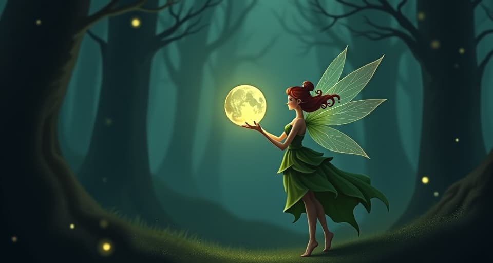  a fairy holding a radiant orb, withdrawing its light in a dark forest. mood: withdrawing, scarce.. the style is digital art illustration,highly detailed, whimsical,magical, dreamlike atmosphere, realism and fantasy blend, smooth, glossy textures,luminous quality, wonder and enchantment.