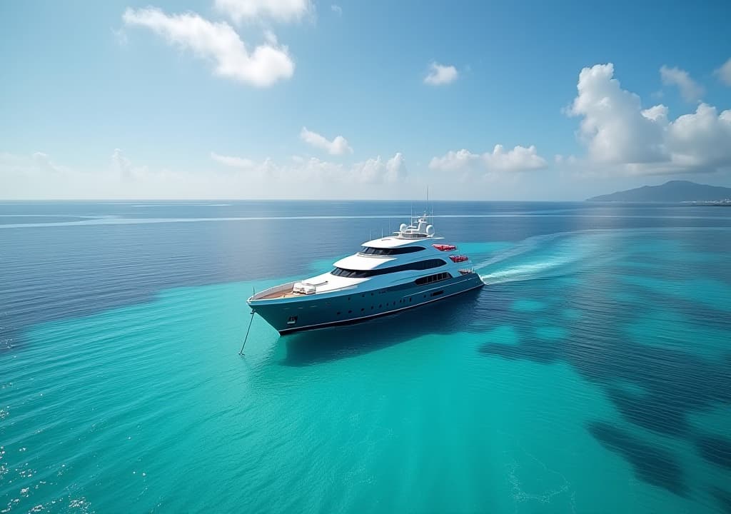  a large luxury yacht is anchored in a lagoon during a summer vacation cruise on the ocean. a beautiful way to travel the world