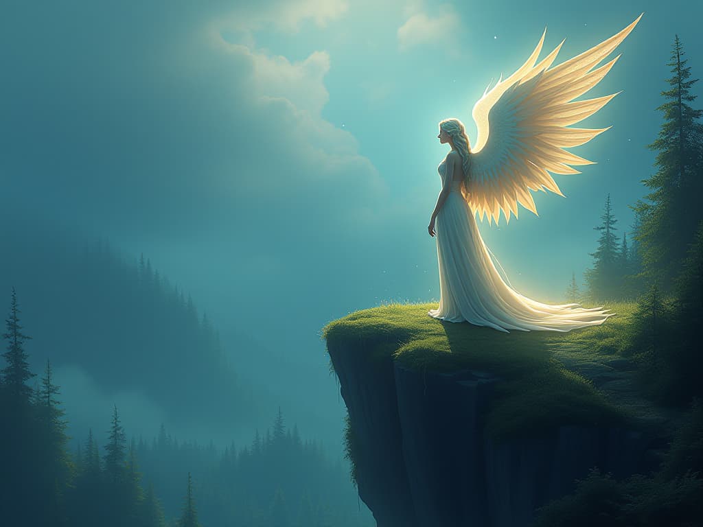  majestic ethereal being standing on a cliff, overlooking an enchanted forest, light trails connecting them to the ground, serene and powerful presence. the style is digital art illustration,highly detailed, whimsical,magical, dreamlike atmosphere, realism and fantasy blend, smooth, glossy textures,luminous quality, wonder and enchantment.