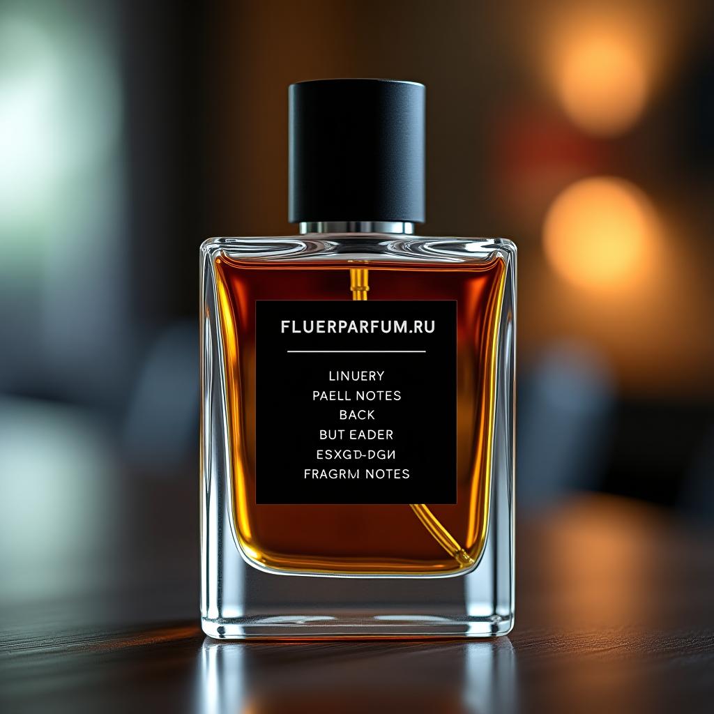  a bottle of perfume is on the table, transparent with a black label that has the inscription fleurparfum.ru. on the back, there are fragrance notes.