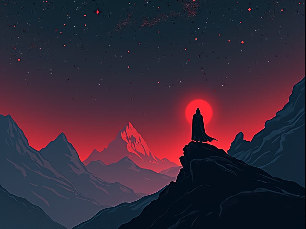  lonely mountain peak, red cloaked figure under starry sky, aura of questioning and soul searching. the style is digital art illustration / modern comic book / graphic dark novel fantasy and mysterious occult, symbolic, moody lighting, esoteric vibe,high detail on character design. for the color scheme emphasize blacks and reds.