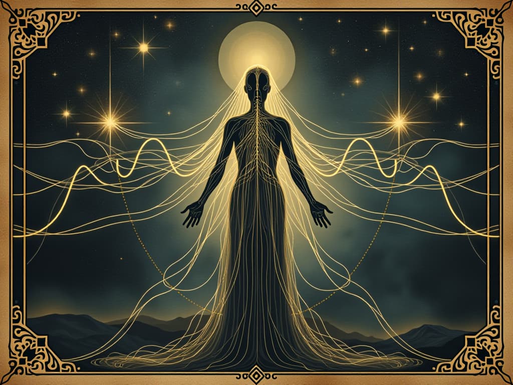  pulse of the universe illustrated as rhythmic light waves, figure intertwined with, veins glowing subtly, cosmic currents around, harmonious connection, cosmic background, ethereal lights. an illustration in the style of a worn, mystical old tarot trump card, mysterious and elements of surrealism. the colors are muted, somber and eerie, but with contrast bring out an occult and esoteric vibe.