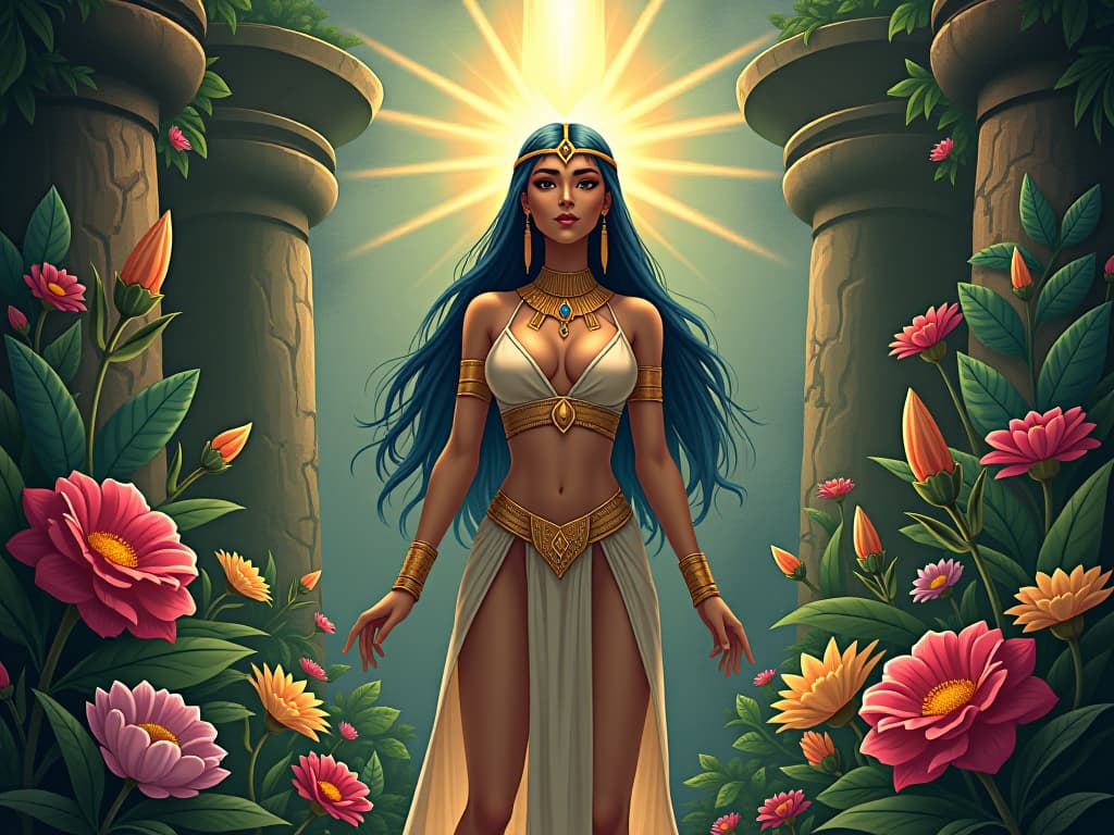  an ethereal garden, brimming with exotic flowers and divine artifacts, a large busted goddess in sheer, form fitting clothing, channeling creative energy from a radiant crystal, aura of profound fulfillment. the style is digital art illustration / modern comic book / mysterious occult, symbolic, esoteric vibe,high detail on character design, incorporating ancient egyptian symbology and attire.