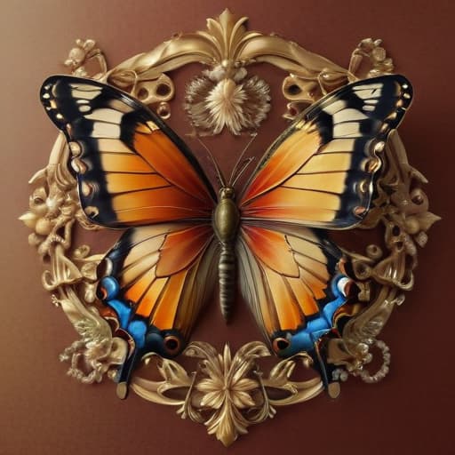 The family crest features a prominent butterfly motif symbolizing transformation, growth, and prosperity. The intricate design showcases the butterfly's delicate wings spanning wide, signifying the family's reach and influence in the trading world. However, amidst the beauty of the butterfly, there are subtle hints of chains or shackles intertwined with the design, representing the exploitation of workers in their pursuit of wealth and success. The colors used are rich and opulent, reflecting the family's prosperity and high status in the trading business. The background may consist of gold, symbolizing wealth and abundance, while the butterfly itself is adorned with vibrant hues to convey a sense of elegance and sophistication. Overall, 