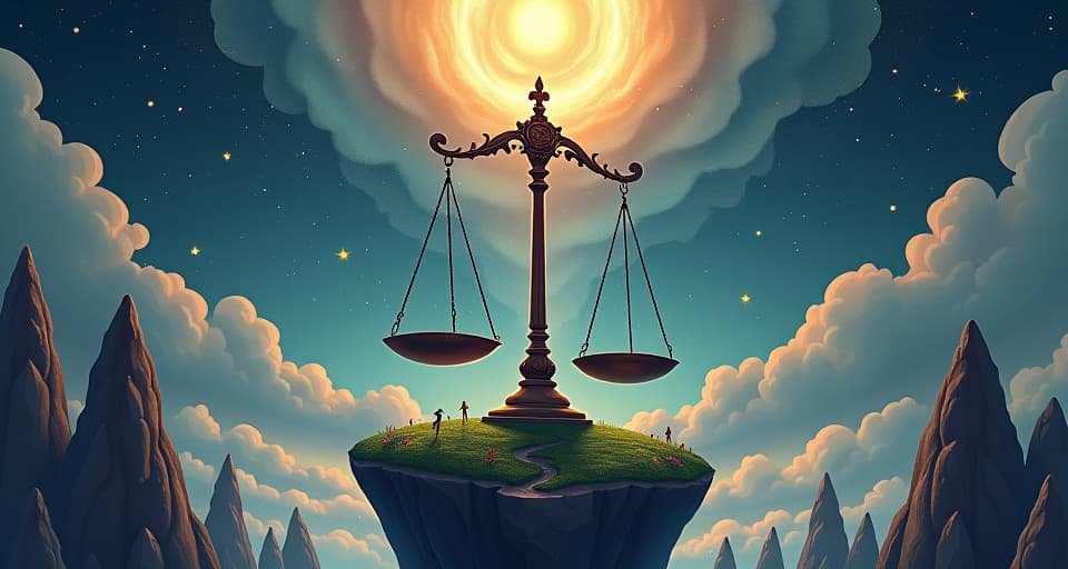  a surreal landscape with cosmic scales tipping dramatically, the symbols of balance disrupted by a powerful force from above.. the style is digital art illustration,highly detailed, whimsical,magical, dreamlike atmosphere, realism and fantasy blend, smooth, glossy textures,luminous quality, wonder and enchantment.