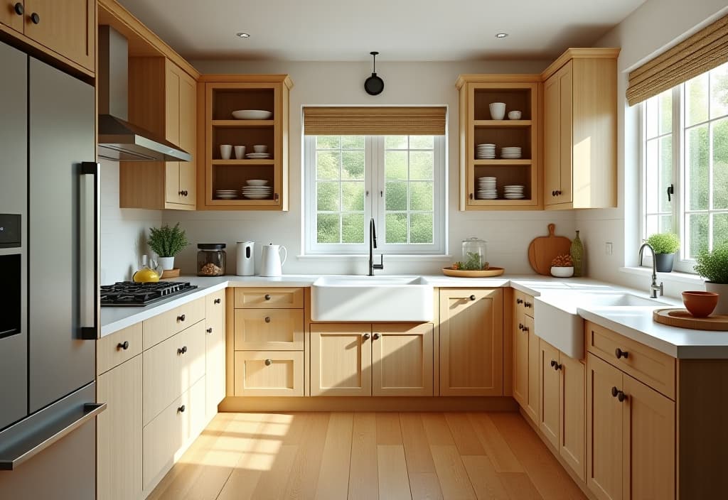  a landscape photo of a bright, airy small kitchen with clever storage solutions, featuring pull out cabinets, hanging pot racks, and a compact island with built in appliances hyperrealistic, full body, detailed clothing, highly detailed, cinematic lighting, stunningly beautiful, intricate, sharp focus, f/1. 8, 85mm, (centered image composition), (professionally color graded), ((bright soft diffused light)), volumetric fog, trending on instagram, trending on tumblr, HDR 4K, 8K