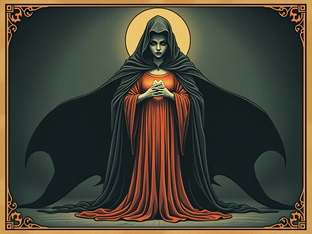  heartstrings pulled, encroaching darkness, cocoon of pity attempting to envelop glowing figure, manipulation, sympathy trap. an illustration in the style of a worn, mystical old tarot trump card, mysterious and elements of surrealism. the colors are muted, somber and eerie, but with contrast bring out an occult and esoteric vibe.