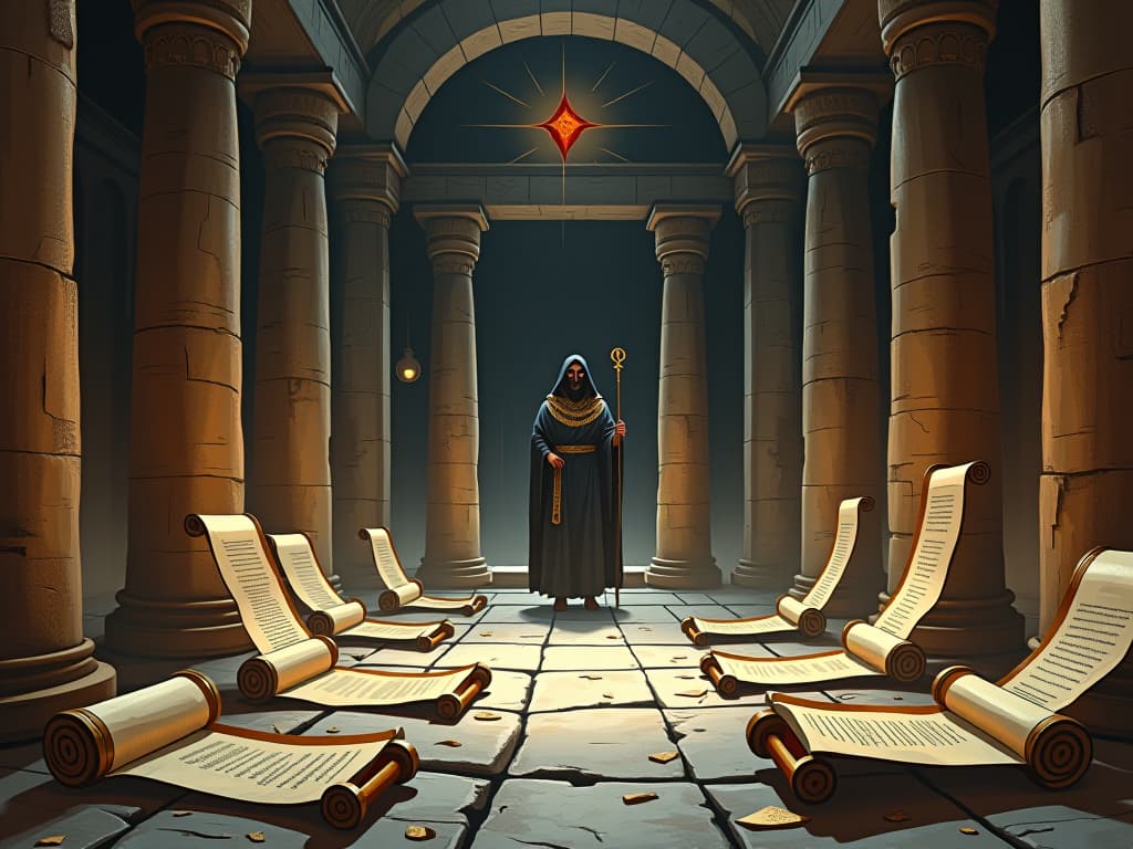  ancient scrolls scattered around an empty stone room, dedicated to rabia of basra, atmosphere of mystic devotion, sense of historical reverence. the style is digital art illustration / modern comic book / mysterious occult, symbolic, esoteric vibe,high detail on character design, incorporating ancient egyptian symbology and attire.