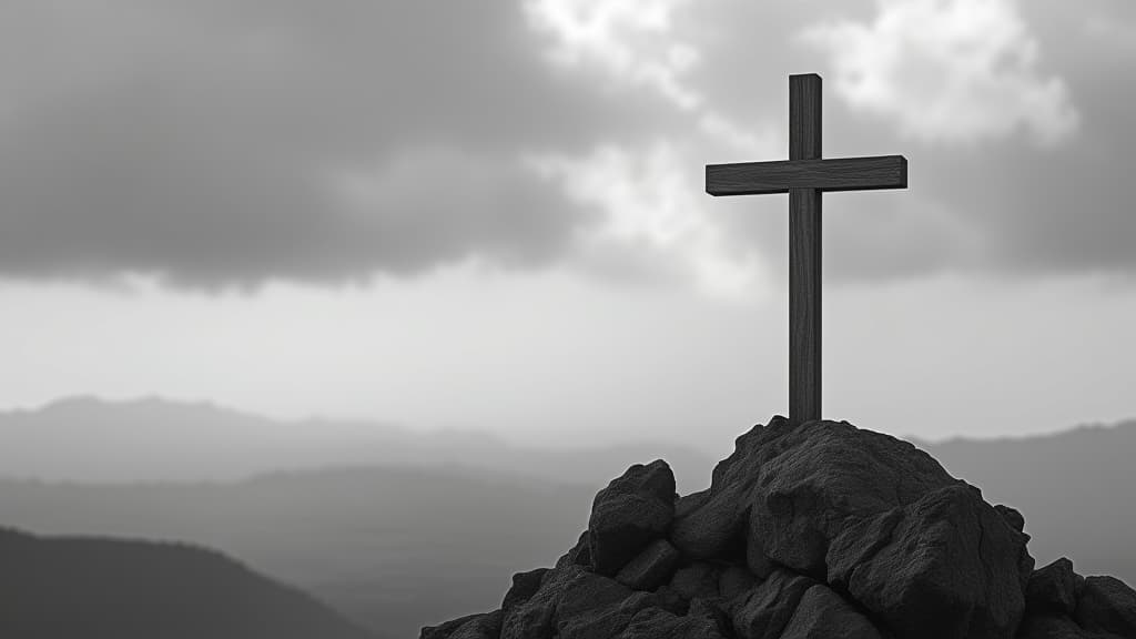  religious christian banner of a black and white wooden cross on rock hilltop with copy space, high quality, high details, hd, perfect composition, 4k epic detailed, highly detailed, sharp focus, high resolution