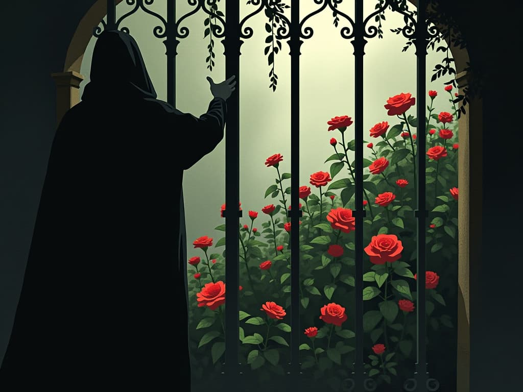  a shadowy figure gazing at a thriving garden through iron bars. flowers bloom vibrantly, symbolizing potential achievements. the figure's hand reaches out but remains behind the bars. contrast of light and shadow, feeling of longing and regret, detail in the garden's vibrancy.. the style is dark fantasy and mysterious occult, symbolic, moody lighting, esoteric vibe,high detail on character design. for the color scheme emphasize blacks and reds.