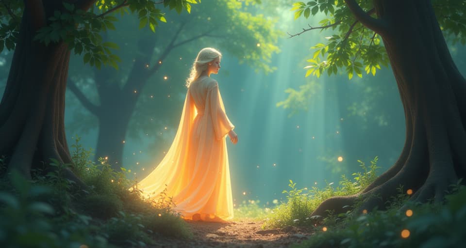  an ethereal being preparing, in glowing translucent robes, standing at the edge of a magical forest. bright light surrounds them, symbolizing readiness for a bodily transition.. the style is digital art illustration,highly detailed, whimsical,magical, dreamlike atmosphere, realism and fantasy blend, smooth, glossy textures,luminous quality, wonder and enchantment.