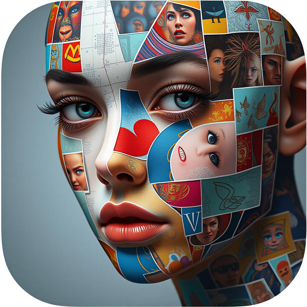  face made up of different images, photo collage of the face, ios app icon, ios style, (logo:1.15), hq, hightly detailed, 4k