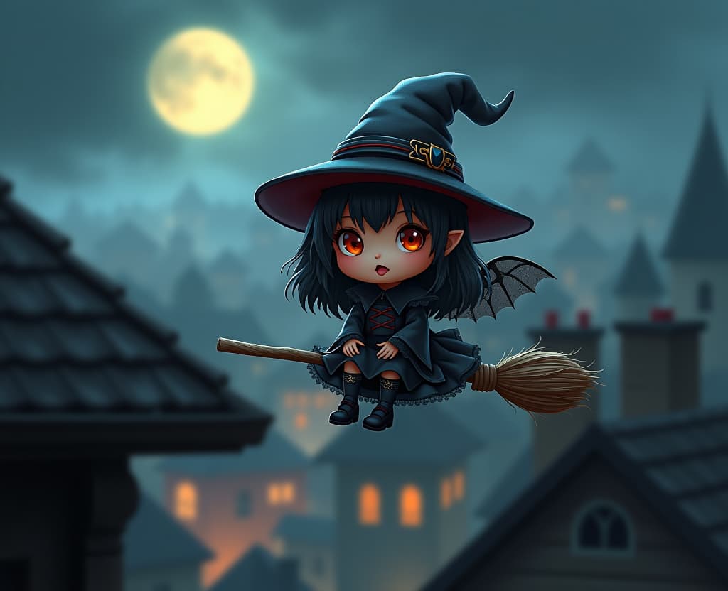  gothic style little chibi witch child close up full length, flies sitting on a broom over the roofs of houses, she has charming eyes, through parted lips shows tongue. art chibi style, . dark, mysterious, haunting, dramatic, ornate, detailed hyperrealistic, full body, detailed clothing, highly detailed, cinematic lighting, stunningly beautiful, intricate, sharp focus, f/1. 8, 85mm, (centered image composition), (professionally color graded), ((bright soft diffused light)), volumetric fog, trending on instagram, trending on tumblr, HDR 4K, 8K