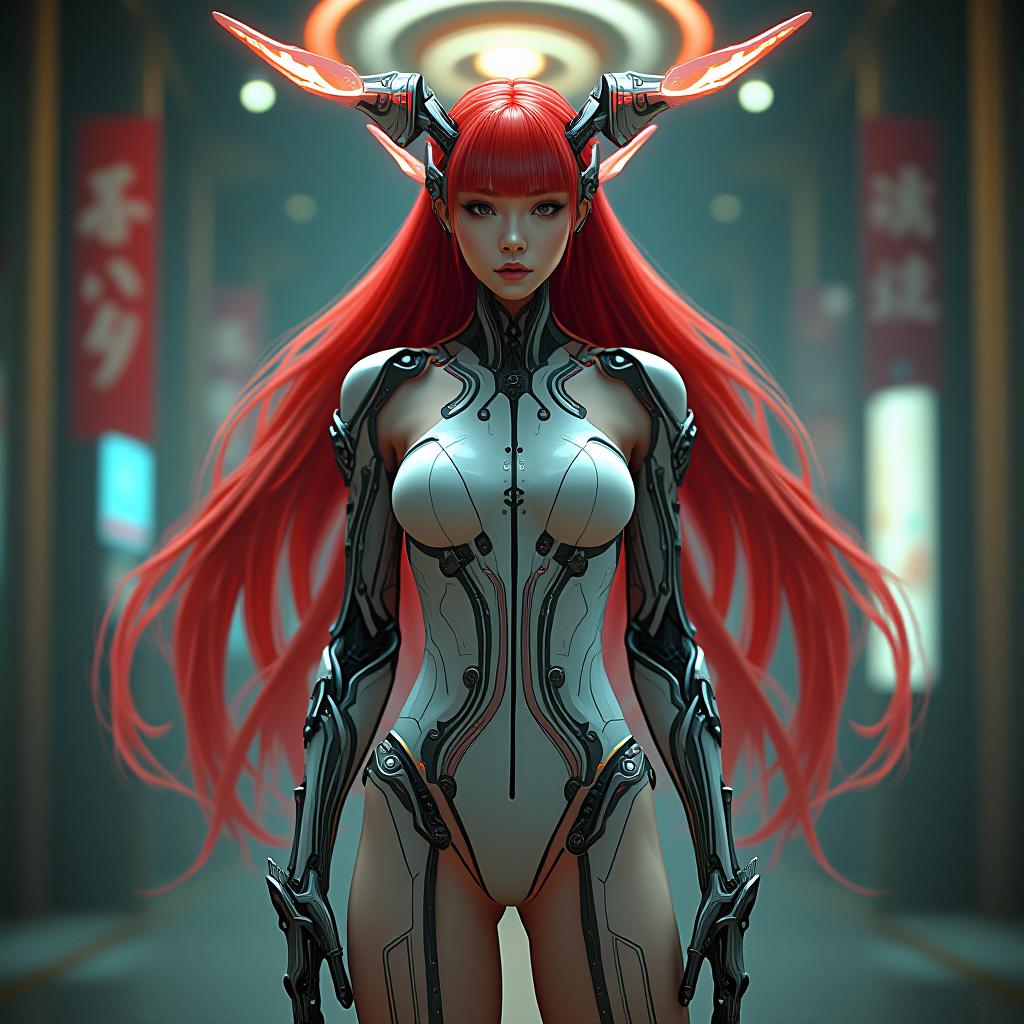  biomechanical cyberpunk genazi air, stands at full height, korean , perfect skin, thin facial features, model appearance, long hair, flat bangs, elven ears, scarlet long hair, huge s, silicone s, bare shoulders, neckline, dress, club dress of , air magician , bare , short , fully body, slim legs, show the fullness of the whole body with legs, 8k,hdr, masterpiece, hyperrealisme, detalied, extreme, hyperrealisme, detalied, . cybernetics, human machine fusion, dystopian, organic meets artificial, dark, intricate, highly detailed