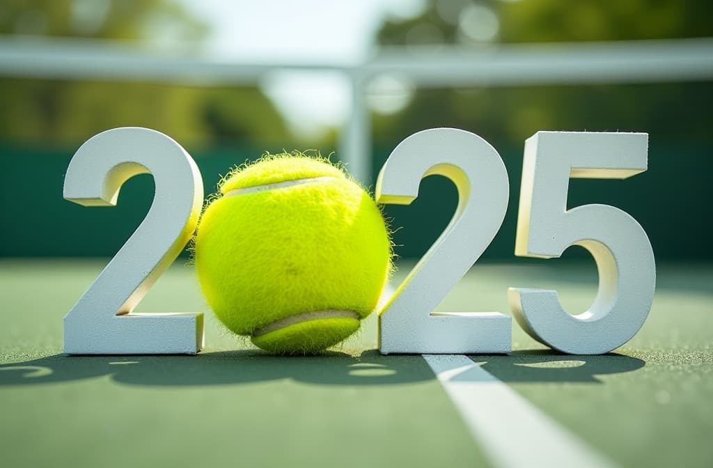  the numbers "2025" are white, instead of the number 0 there is a tennis ball, the numbers are against the background of a tennis court on a sunny day {prompt}, maximum details