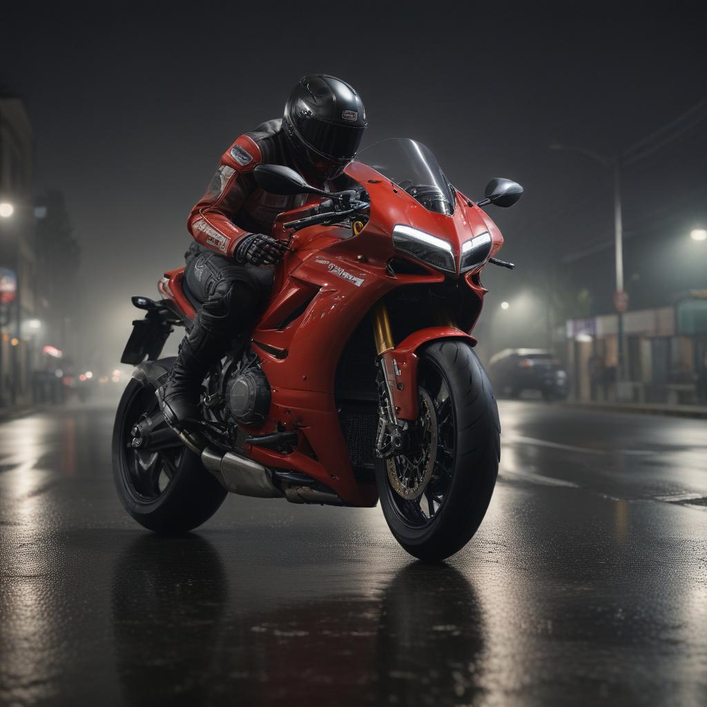 ((masterpiece)), (((best quality))), 8k, high detailed, ultra detailed, Rider wearing SHOEI x14, night street, Ducati V4 R, real, riding, high speed, detailed, Pirelli tire, two riders, no rearview mirror, open headlights hyperrealistic, full body, detailed clothing, highly detailed, cinematic lighting, stunningly beautiful, intricate, sharp focus, f/1. 8, 85mm, (centered image composition), (professionally color graded), ((bright soft diffused light)), volumetric fog, trending on instagram, trending on tumblr, HDR 4K, 8K