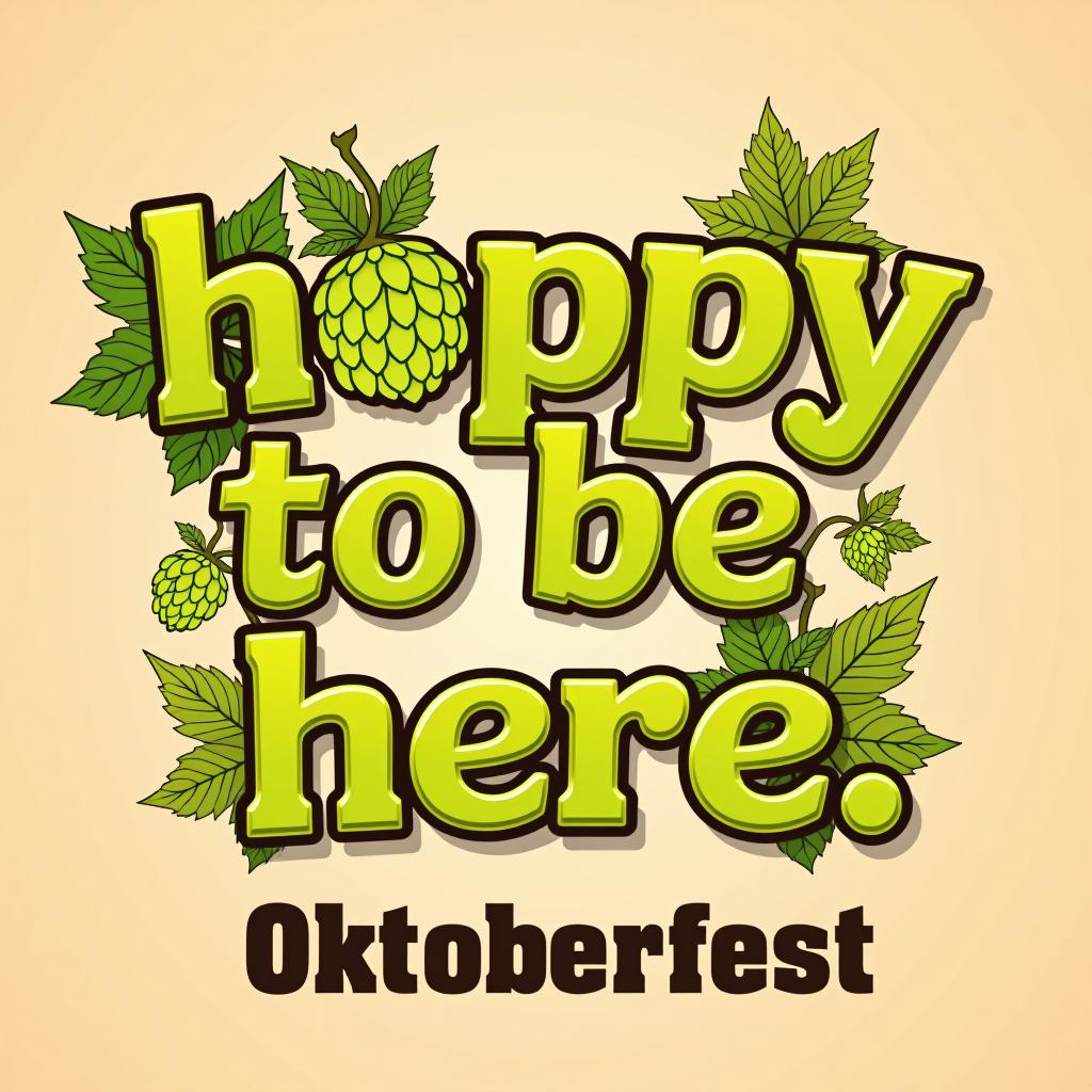  playful 'hoppy to be here.' bold font with hop flower and oktoberfest elements. place the word oktoberfest at the bottom of the image