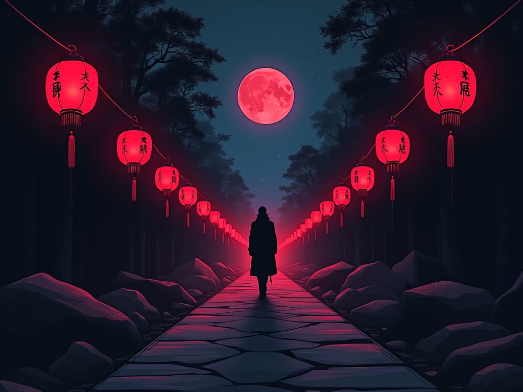  path illuminated by red lanterns, night sky, leading into the distance, air of destiny. the style is digital art illustration / modern comic book / graphic dark novel fantasy and mysterious occult, symbolic, moody lighting, esoteric vibe,high detail on character design. for the color scheme emphasize blacks and reds.