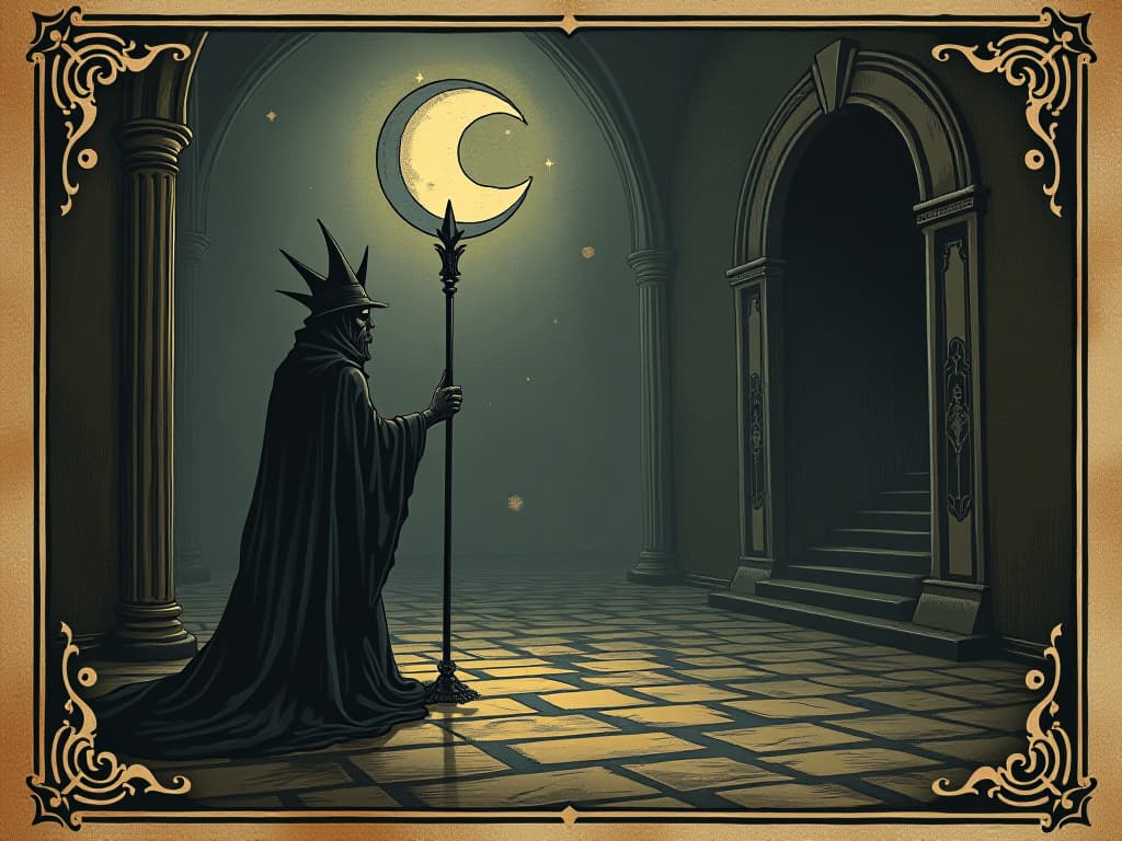  object subtly influencing the atmosphere, disputes in the shadows, hushed voices, ominous undertone. an illustration in the style of a worn, mystical old tarot trump card, mysterious and elements of surrealism. the colors are muted, somber and eerie, but with contrast bring out an occult and esoteric vibe.