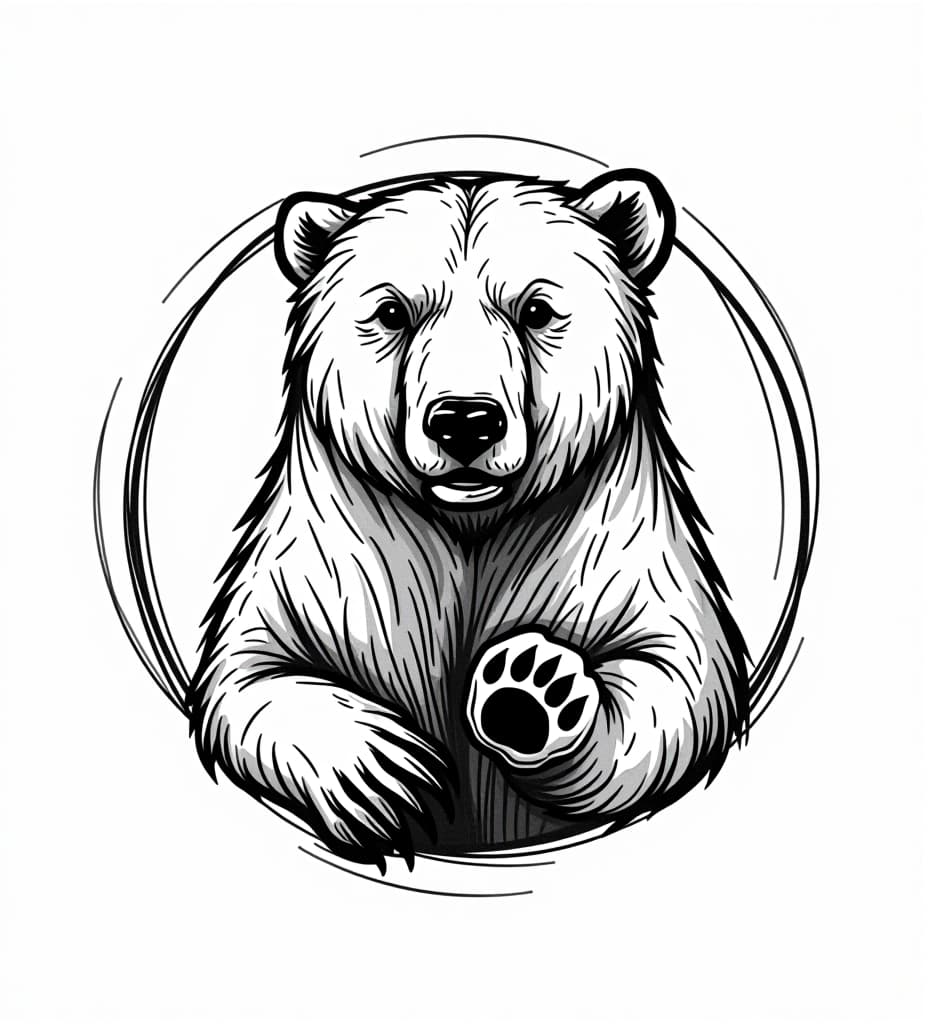  black on white sketch of circular logo that is made up of polar bear outlines and polar bear paw outlines. unique design, trendy pattern, minimalist