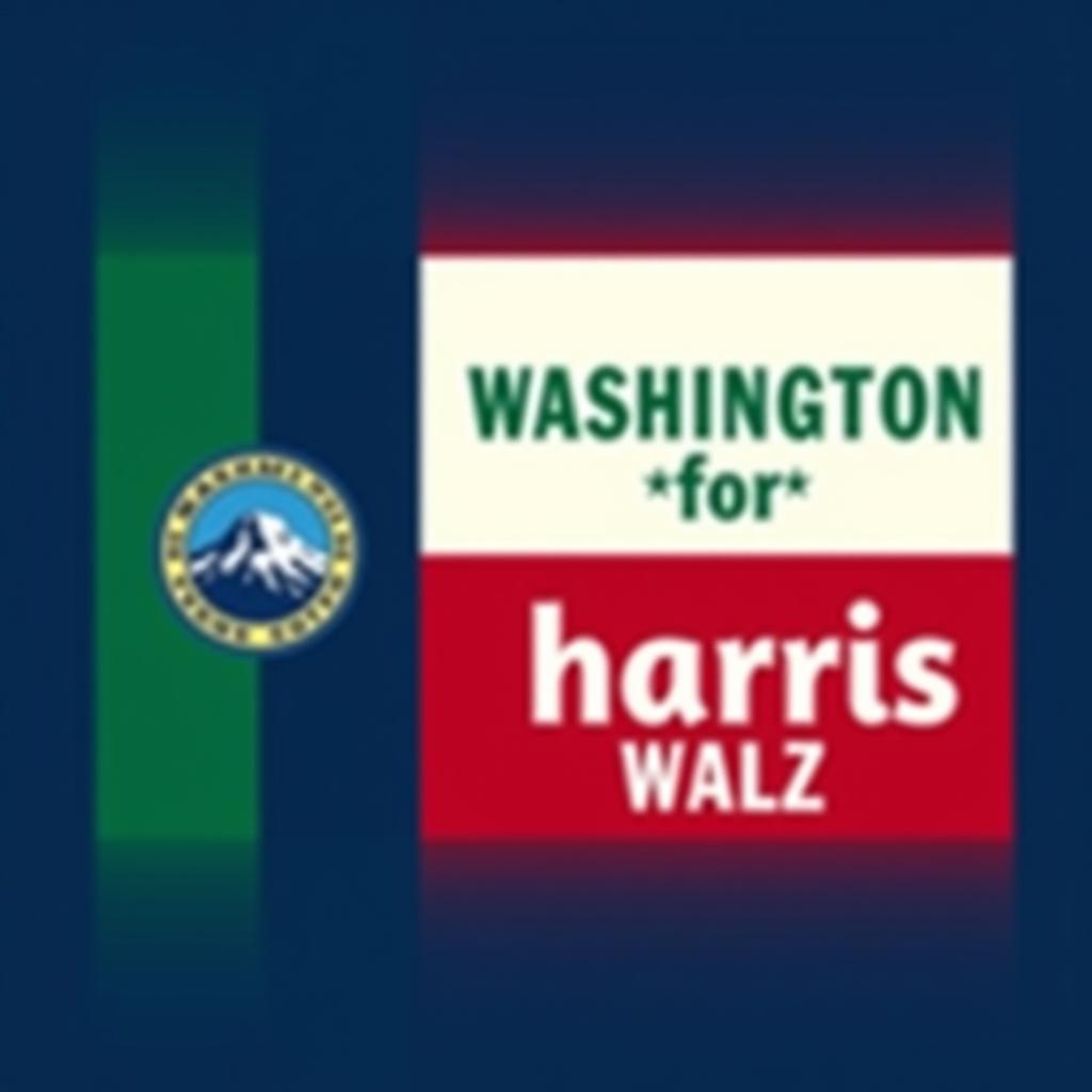  a design inspired by the washington state flag. the left side features a green vertical stripe with mt. rainer in the center. the right side is divided into two horizontal sections: the top section is white with the text 'washington for' in bold, green, uppercase letters, and the bottom section is red with the text 'harris walz' in bold, white, uppercase letters. the overall layout is clean and straightforward, with a clear and patriotic color scheme of blue, white, and red.