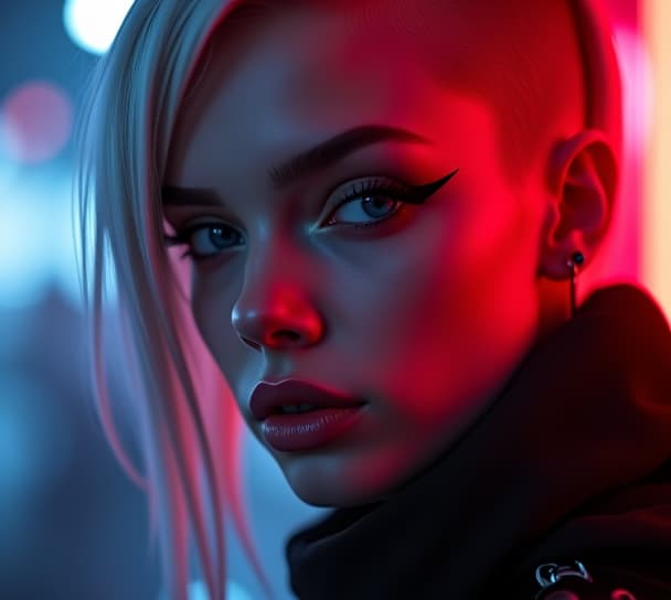  ultra realistic close up portrait ((beautiful pale cyberpunk female with heavy black eyeliner)), blue eyes, shaved side haircut, hyper detail, cinematic lighting, magic neon, dark red city, canon eos r3, nikon, f/1.4, iso 200, 1/160s, 8k, raw, unedited, symmetrical balance, in frame, 8k hyperrealistic, full body, detailed clothing, highly detailed, cinematic lighting, stunningly beautiful, intricate, sharp focus, f/1. 8, 85mm, (centered image composition), (professionally color graded), ((bright soft diffused light)), volumetric fog, trending on instagram, trending on tumblr, HDR 4K, 8K