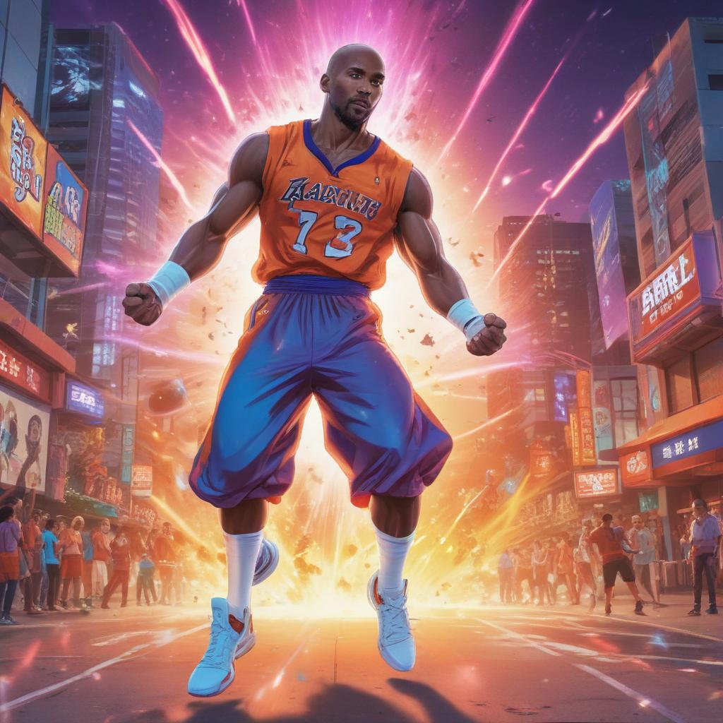 distance-shot, flashy, full-body, dynamic, holographic, animated cartoon poster of kobe scene in the style of dragon ball super