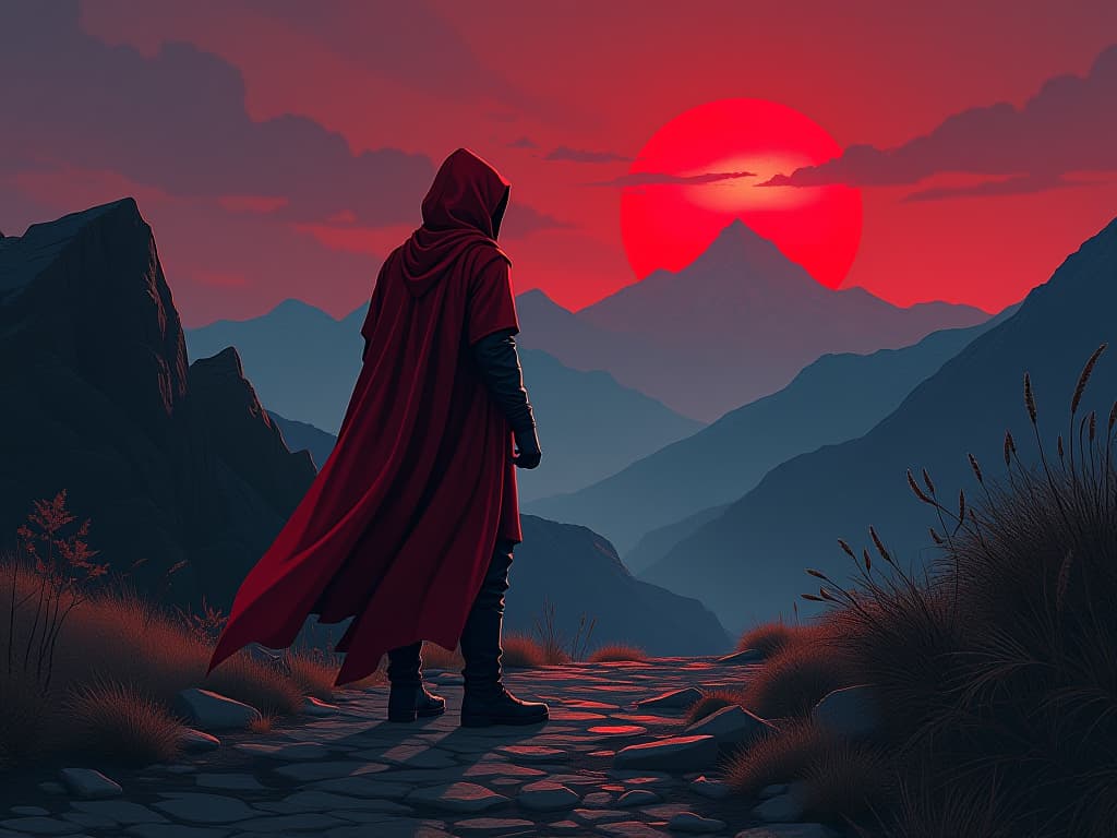  red cloaked traveler on rocky path, mountains in distance, sense of arduous journey. the style is digital art illustration / modern comic book / graphic dark novel fantasy and mysterious occult, symbolic, moody lighting, esoteric vibe,high detail on character design. for the color scheme emphasize blacks and reds.