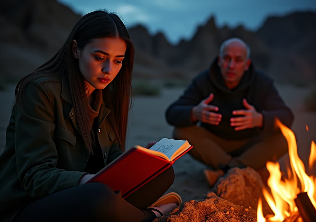  medium shot focusing on clara, sitting cross legged by the campfire, her face reflecting a mix of confusion and curiosity. in the background, professor arlo leans forward, gesturing with his hands as he speaks passionately about the absurdity of life. the firelight highlights clara’s notebook, which is open to a page filled with hastily scribbled notes. the twisted rock formations and the dark desert stretch out behind them, emphasizing their isolation."