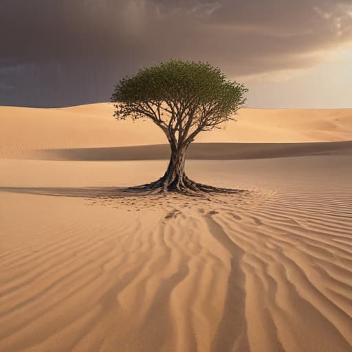 A tree standing tall in the shifting sands of the desert, its roots stretching deep into the earth for stability amidst the ever-changing landscape.