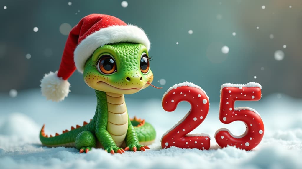  cute green snake with beautiful eyes in red santa's hat sitting next to letters "2025", winter background, new year mood, no dragon, dinasour, legs, {prompt}, maximum details