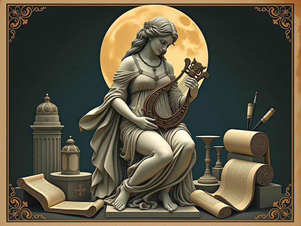  marble statue of a muse, intricately detailed, holding an ornate lyre, surrounded by ancient scrolls and artistic tools, moonlit background, ancient wisdom, divine presence. an illustration in the style of a worn, mystical old tarot trump card, mysterious and elements of surrealism. the colors are muted, somber and eerie, but with contrast bring out an occult and esoteric vibe.