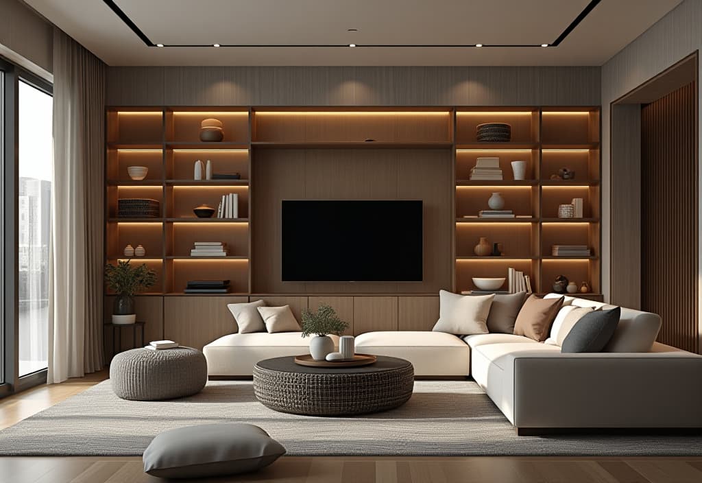  a landscape photo of a stylish living room storage solution, featuring built in shelves, hidden compartments, and decorative baskets, all seamlessly integrated into the decor hyperrealistic, full body, detailed clothing, highly detailed, cinematic lighting, stunningly beautiful, intricate, sharp focus, f/1. 8, 85mm, (centered image composition), (professionally color graded), ((bright soft diffused light)), volumetric fog, trending on instagram, trending on tumblr, HDR 4K, 8K