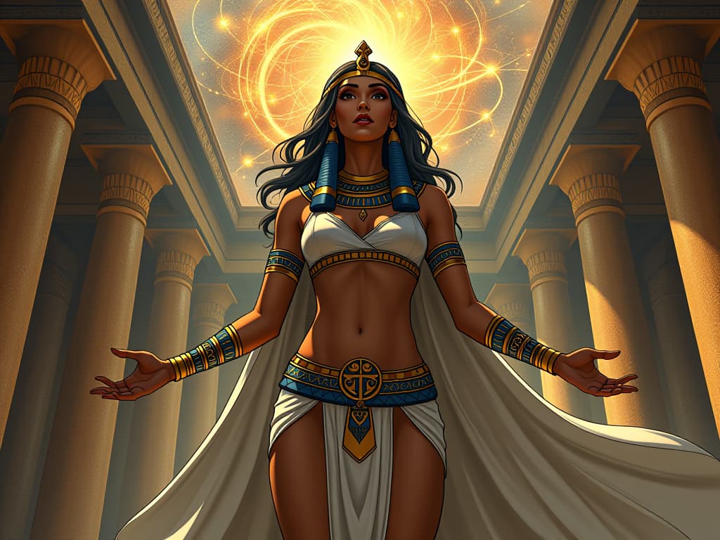  an ancient egyptian temple with celestial murals, swirling energies and dimensions, a large busted priestess in form fitting attire, symbolizing the symphony of energies. the style is digital art illustration / modern comic book / mysterious occult, symbolic, esoteric vibe,high detail on character design, incorporating ancient egyptian symbology and attire.