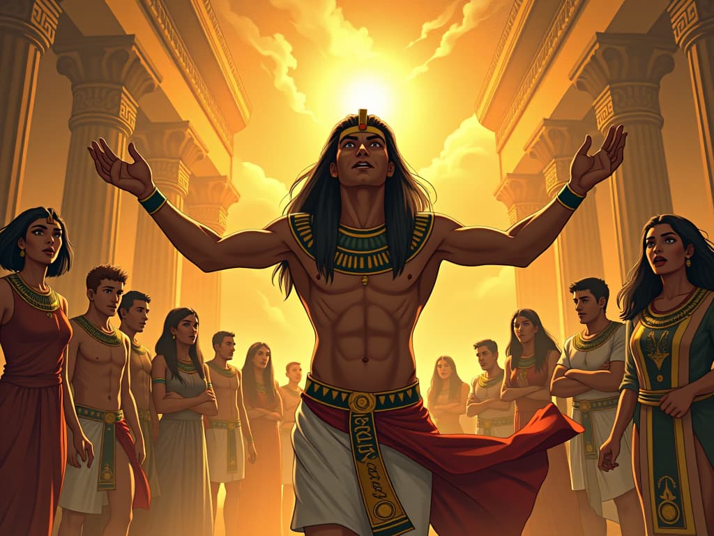  astonished faces of onlookers, athlete in mid action, capturing skillful motion, surrounded by a golden aura, mood of surprise and admiration. the style is digital art illustration / modern comic book / mysterious occult, symbolic, esoteric vibe,high detail on character design, incorporating ancient egyptian symbology and attire.