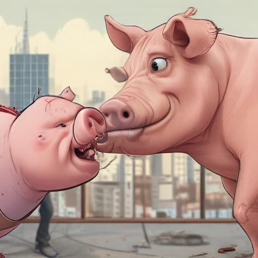 A human punching a pig on the snout in Cartoon style with City background