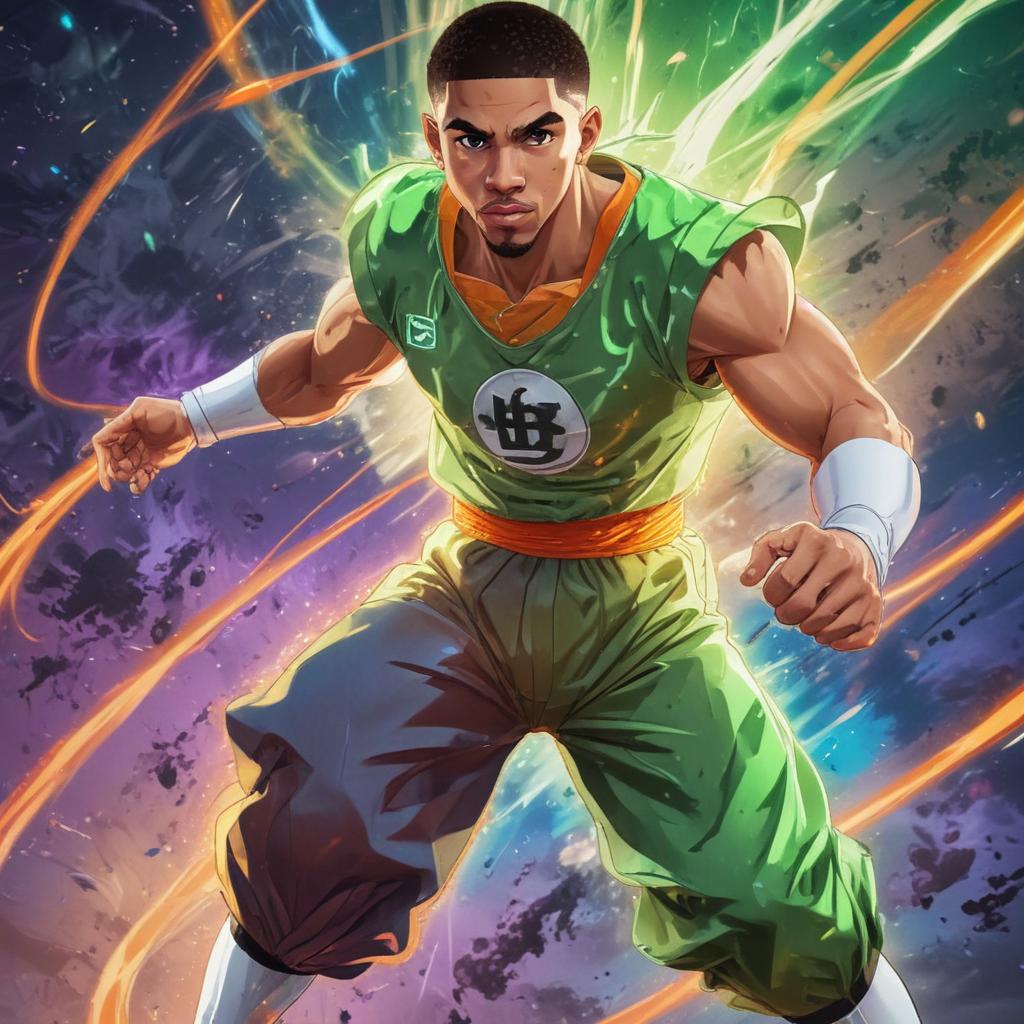 distance-shot, flashy, full-body, dynamic, holographic, animated cartoon poster of jayson tatum in the style of dragon ball super