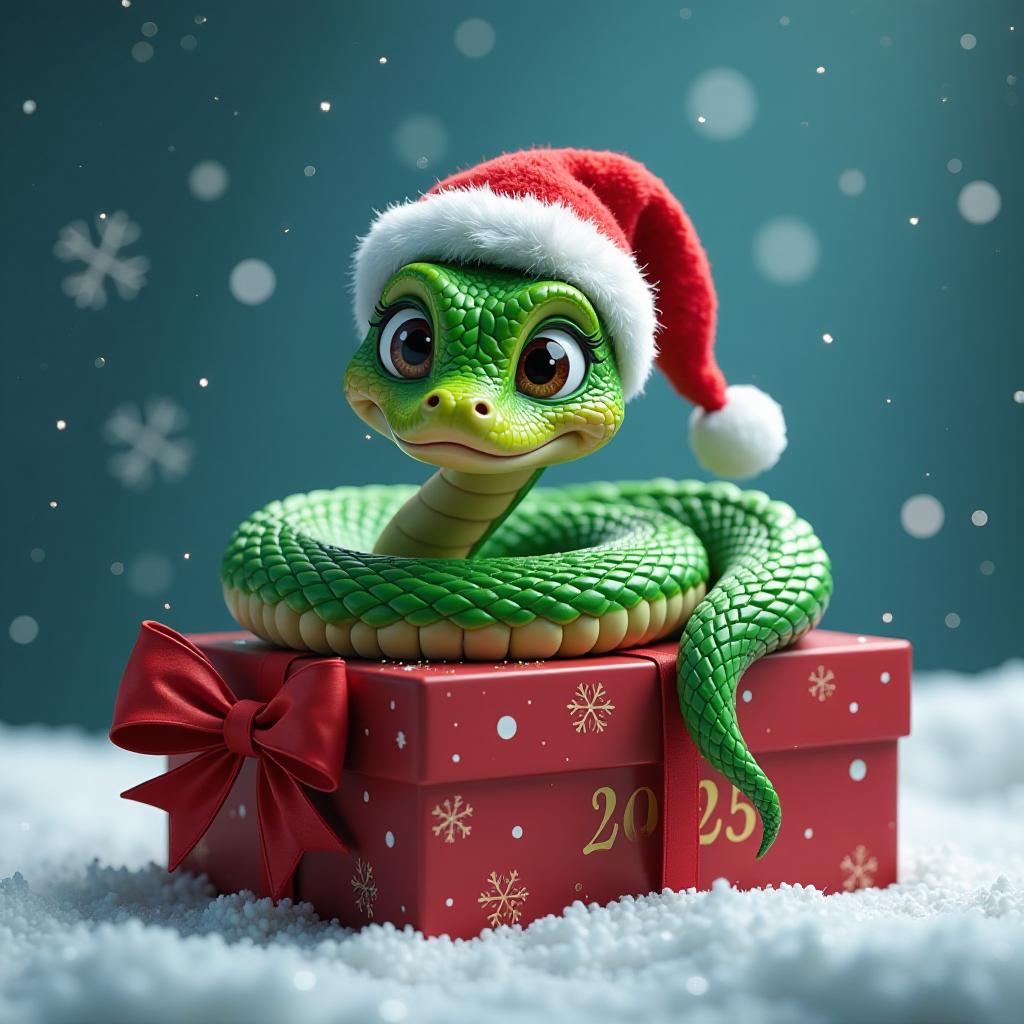  big head, big eyes, caricature, a caricature, rendering, (figurativism:0.8), green snake in "red santa hat" lies curled up on gift box with "2025" inscription and bow, on blue bokeh background with snowflakes and glitter, epic realistic, pixar style, disney, (cycles render:1.3), caustics, (glossy:0.58), (artstation:0.2), cute