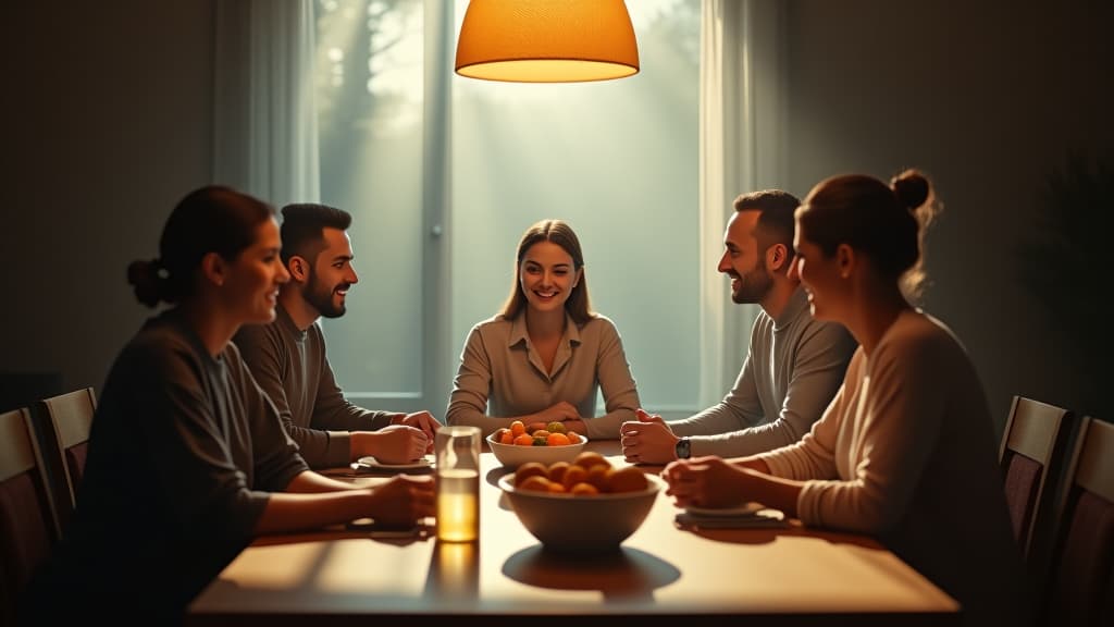  scenes about health and fitness, a cozy family around a table discussing health goals and sharing experiences. hyperrealistic, full body, detailed clothing, highly detailed, cinematic lighting, stunningly beautiful, intricate, sharp focus, f/1. 8, 85mm, (centered image composition), (professionally color graded), ((bright soft diffused light)), volumetric fog, trending on instagram, trending on tumblr, HDR 4K, 8K