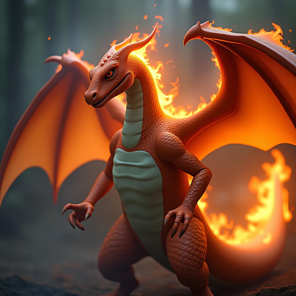  charizard with an flame aura hyperrealistic, full body, detailed clothing, highly detailed, cinematic lighting, stunningly beautiful, intricate, sharp focus, f/1. 8, 85mm, (centered image composition), (professionally color graded), ((bright soft diffused light)), volumetric fog, trending on instagram, trending on tumblr, HDR 4K, 8K