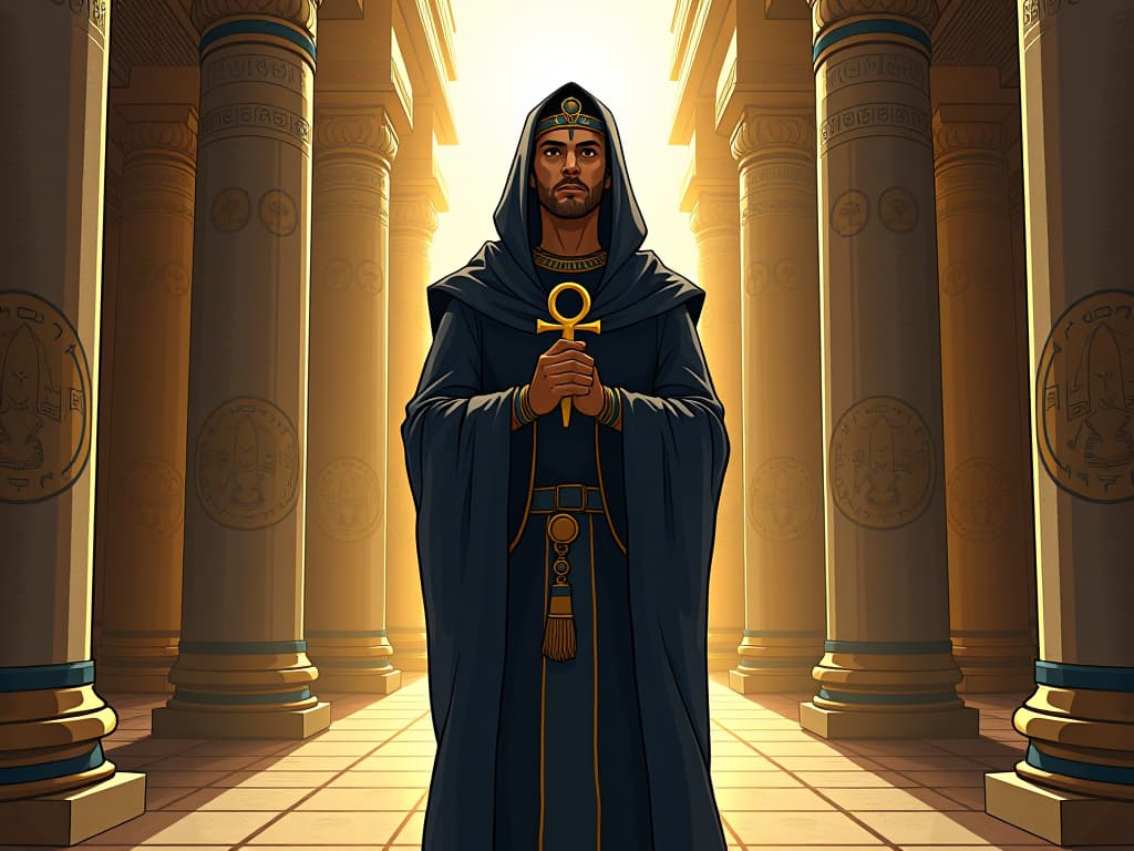  egyptian man in dark robes with a golden ankh, standing in an ancient marketplace, looking bewildered, symbolizing sudden emotional surge in daily life. the style is digital art illustration / modern comic book / mysterious occult, symbolic, esoteric vibe,high detail on character design, incorporating ancient egyptian symbology and attire.