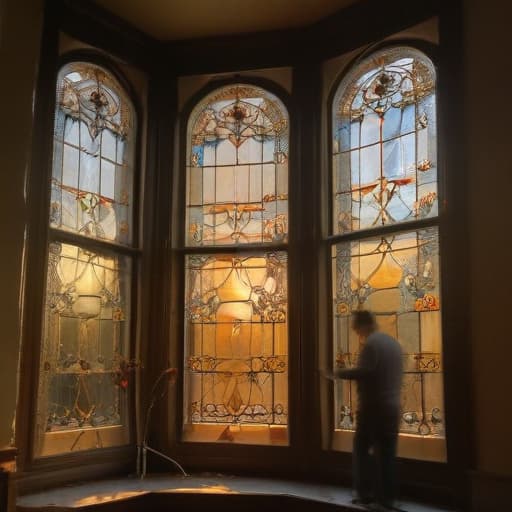 A photo of a skilled window installer meticulously measuring glass panes in an elegant old Victorian home during the late afternoon golden hour with warm, soft sunlight streaming through the ornate stained glass windows, casting intricate patterns of light and shadow across the room.