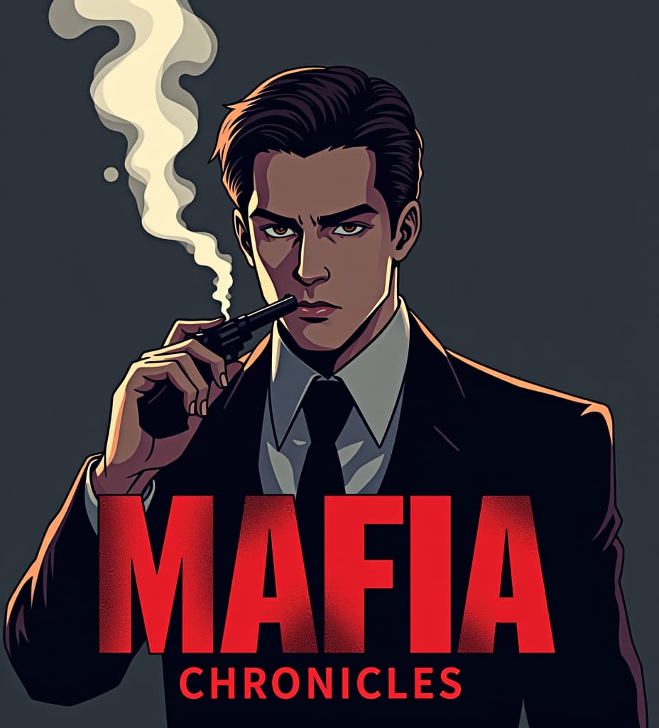  anime, anime sytle, anime image, cartoon, real cartoon, real anime, can you generate a logo for me with a transparent background, the logo is for a mafia game called 'mafia chronicles' and i want the guy in the logo to be smoking