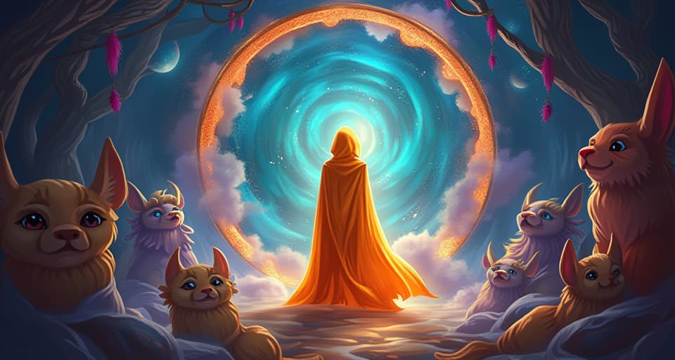  an enchanted portal guarded by a celestial being in a warm, bright cloak. surrounding the portal, a scene filled with awe struck magical creatures, highlighting the divine mission.. the style is digital art illustration,highly detailed, whimsical,magical, dreamlike atmosphere, realism and fantasy blend, smooth, glossy textures,luminous quality, wonder and enchantment.