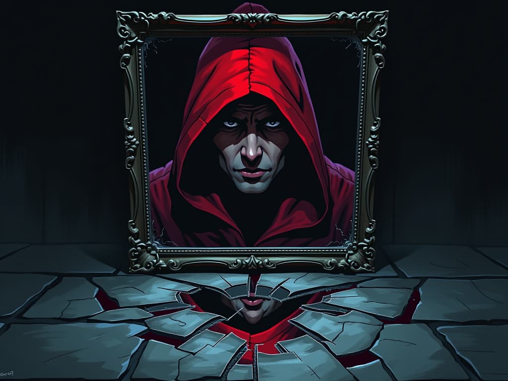  shattered mirror on a dark stone floor, reflection of frustrated face in red hood, sense of self reflection and frustration. the style is digital art illustration / modern comic book / graphic dark novel fantasy and mysterious occult, symbolic, moody lighting, esoteric vibe,high detail on character design. for the color scheme emphasize blacks and reds.