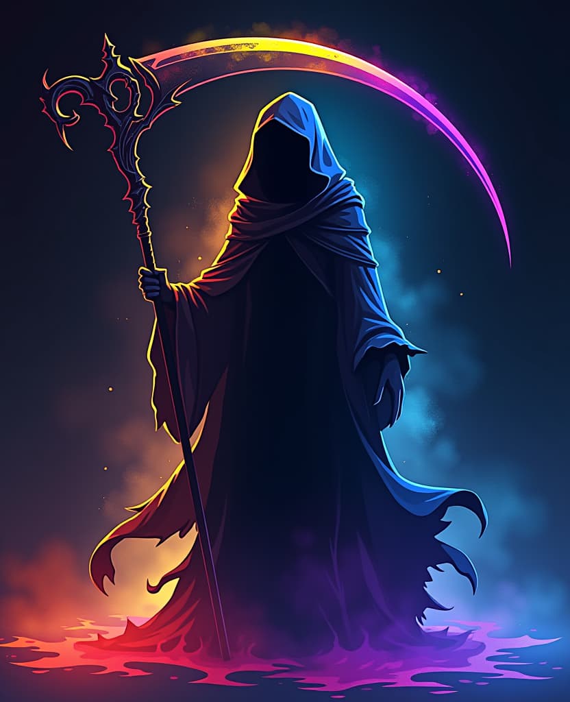  concept art rainbow colored silhoutte outline against a dark background, a female reaper, anime, magical fantasy, plasma pattern . digital artwork, illustrative, painterly, matte painting, highly detailed